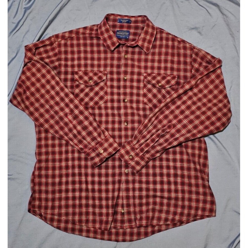 Pendleton Mens Tracker Shirt Size XL Maroon Plaid Cotton Long Sleeve Pockets